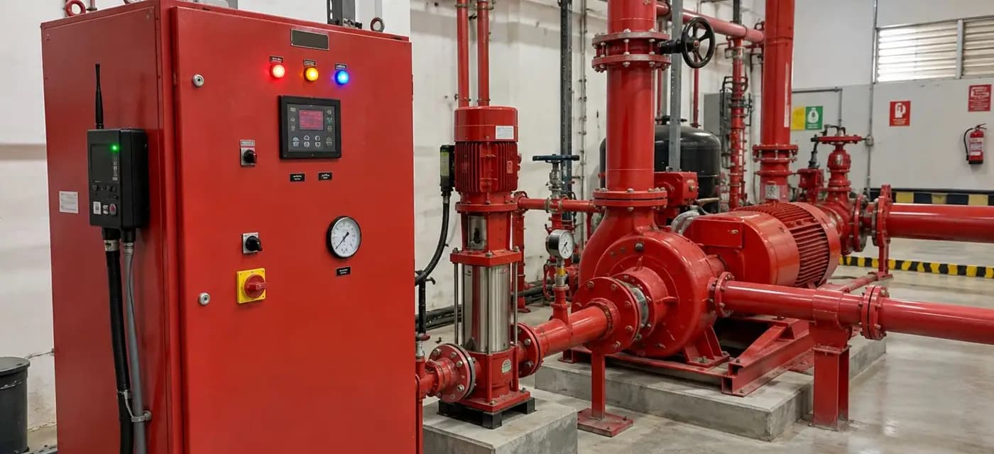 Fire pump room with a control panel and monitoring unit