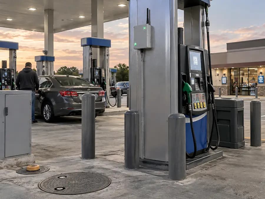 Fuel station with a wireless monitoring unit on the dispenser