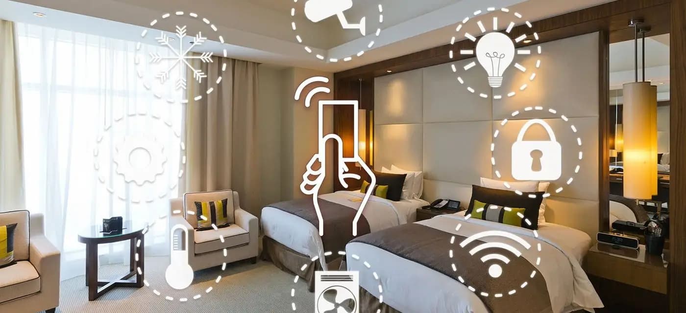 Hotel room with connected-device icons for climate, lighting, security and Wi-Fi