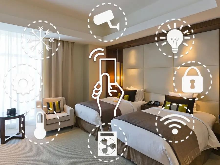 Hotel room with connected-device icons for climate, lighting, security and Wi-Fi