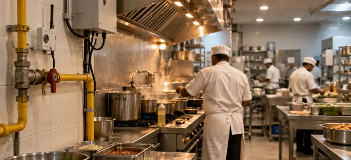 Restaurant kitchen with monitoring sensors on the gas line