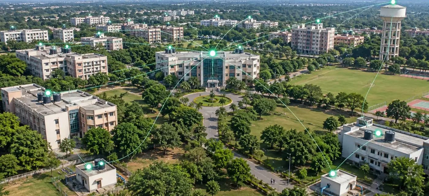 Aerial view of a campus with connected buildings