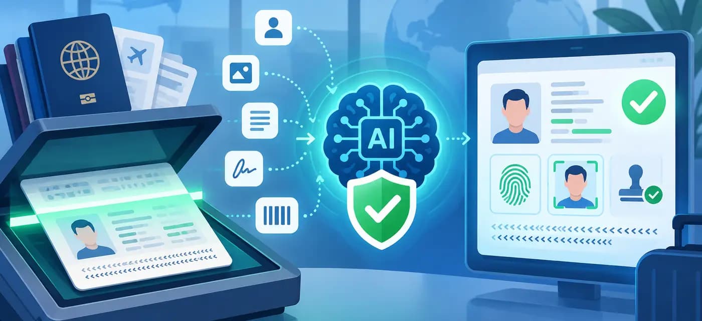 Illustration of a passport scan being verified by AI