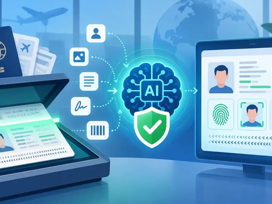 Illustration of a passport scan being verified by AI