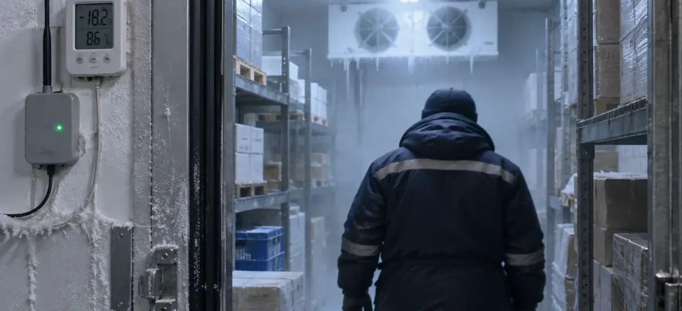Cold room with a wireless temperature sensor beside the door