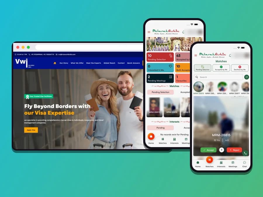 The Visa World India website with two MubarakRishte app screens layered over it