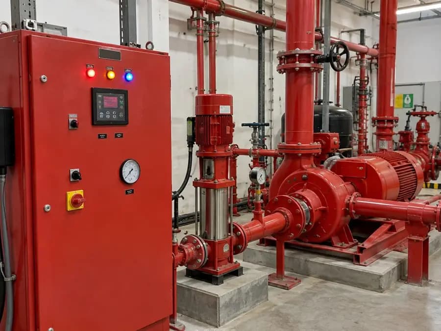 Fire pump room with a control panel and monitoring unit