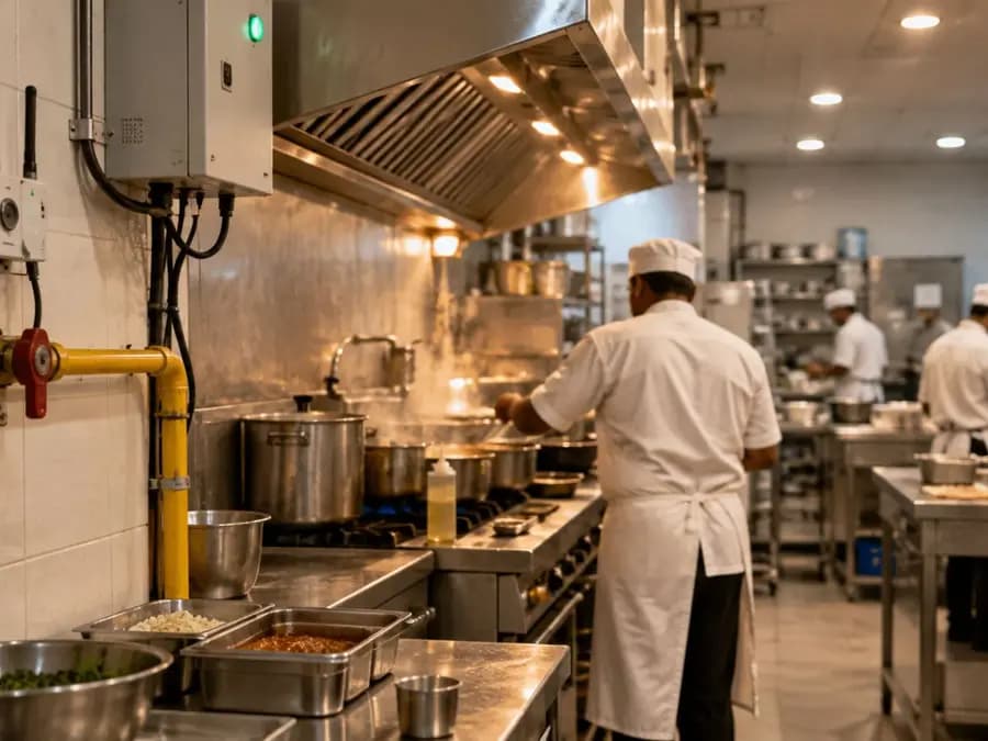 Restaurant kitchen with monitoring sensors on the gas line