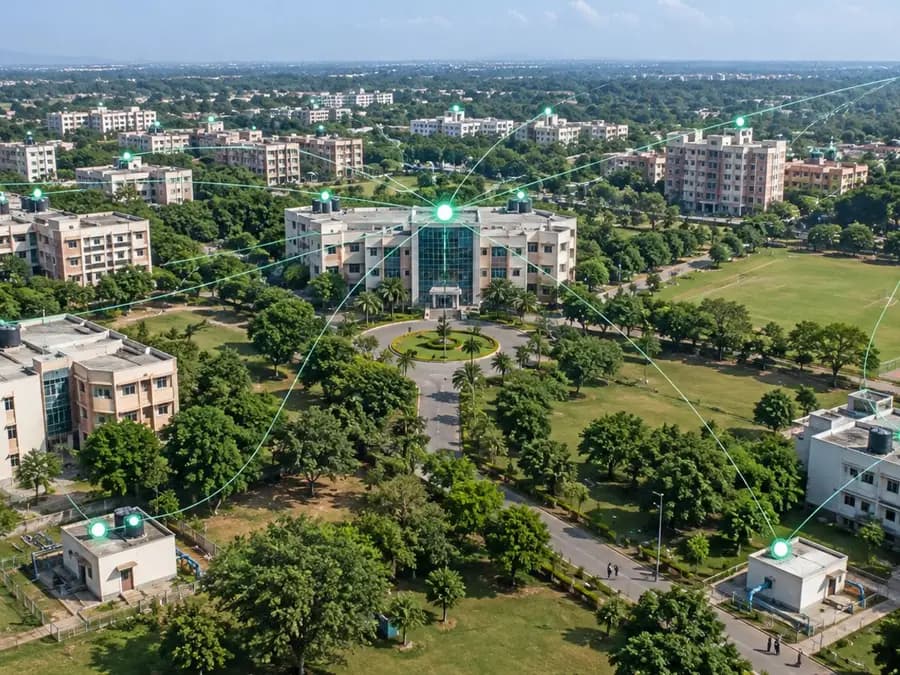 Aerial view of a campus with connected buildings